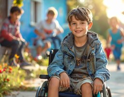 Portrait eines Kindes mit Beeinträchtigung. Der Junge sitzt im Rollstuhl.