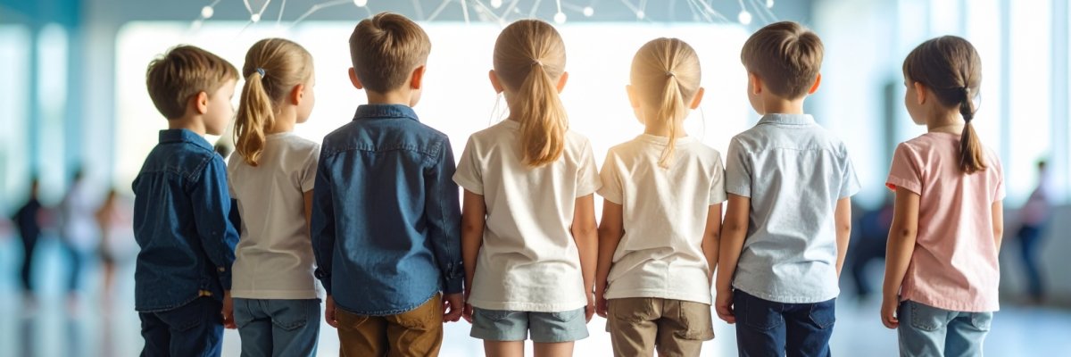 Sieben Kinder stehen mit dem Rücken zum Betrachter. Über Ihnen ist ein digitales Netzwerk zu sehen.