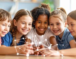 Vier Kinder diese die Köpfe zusammen stecken. Vor Ihnen ist auch ein Netzwerk zu sehen.