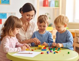 Eine Kindergärtnerin die mit drei Kindern am Tisch sitzt und bastelt.