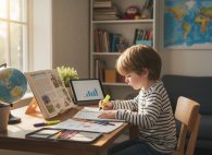 Junge sitzt am Schreibtisch und lernt für die Schule.