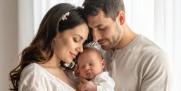 Junge Familie, die Mutter hält ein frischgeborenes Baby auf dem Arm.