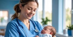 Hebamme mit einem Kind im Arm