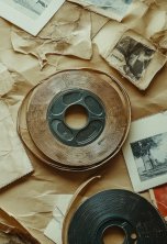 A bunch of old photos and a roll of tape