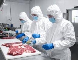 Personen die in weißen Schutzanzügen Fleisch kontrollieren.